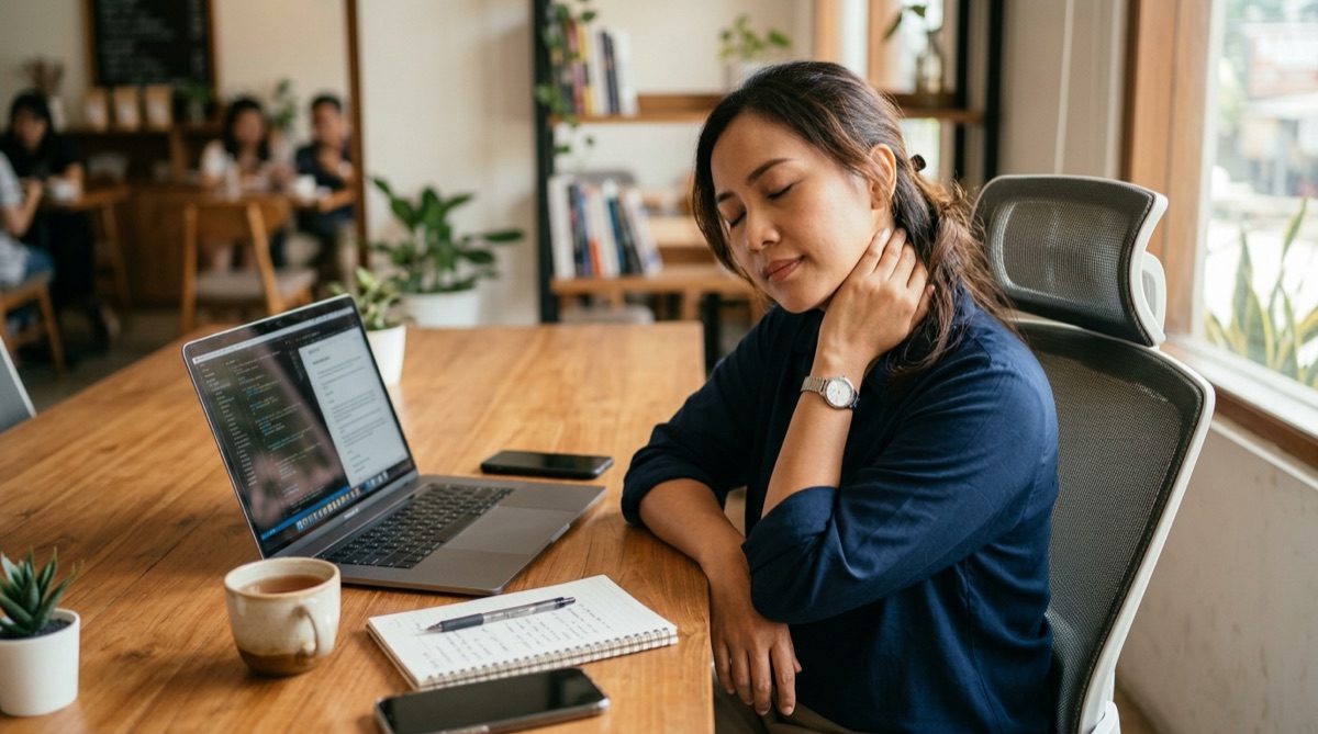 Seseorang memejamkan mata sejenak untuk istirahat sadar dari laptop