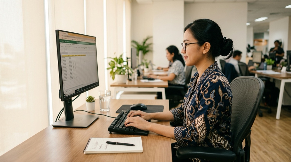 Aktivitas bekerja di depan komputer dengan posisi ergonomis