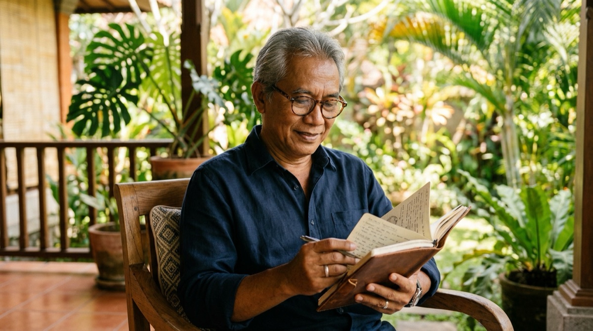 Seseorang membaca buku dengan pencahayaan hangat dan posisi duduk yang nyaman