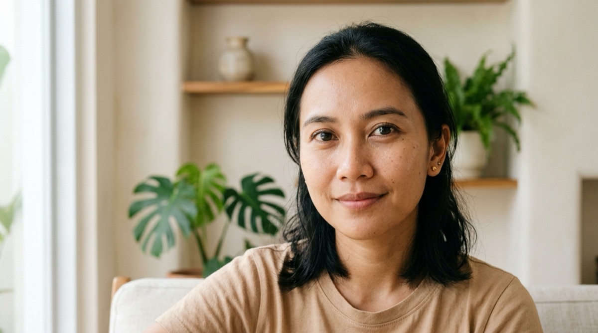 Potret ketenangan visual dengan tatapan mata rileks dan lembap alami