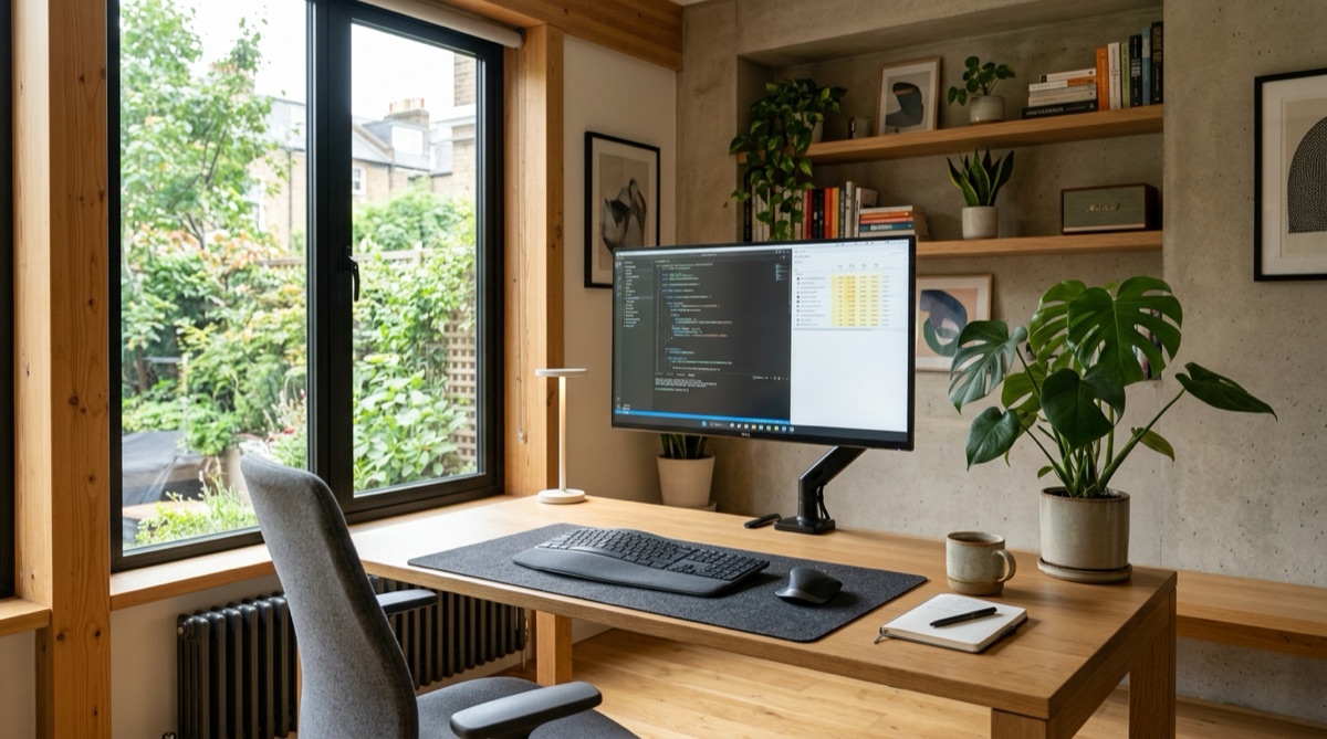 Pengaturan meja kerja ergonomis dengan monitor sejajar sudut pandang dan jarak optimal